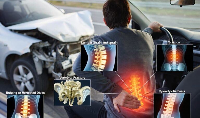 Driver with back and spine injuries after car accident showing herniated disc lumbar strain and sciatica damage in New York