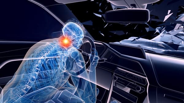 3D illustration of whiplash and traumatic brain injury during car accident impact in New York