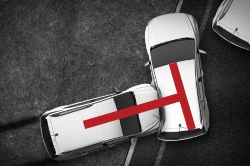 Diagram showing a T-bone accident with one car striking the side of another