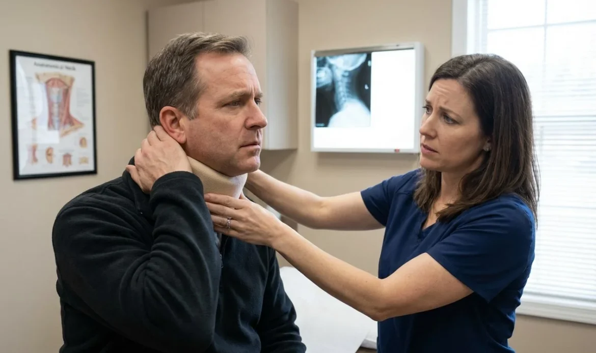 Doctor examining patient's neck for whiplash injury after a car accident