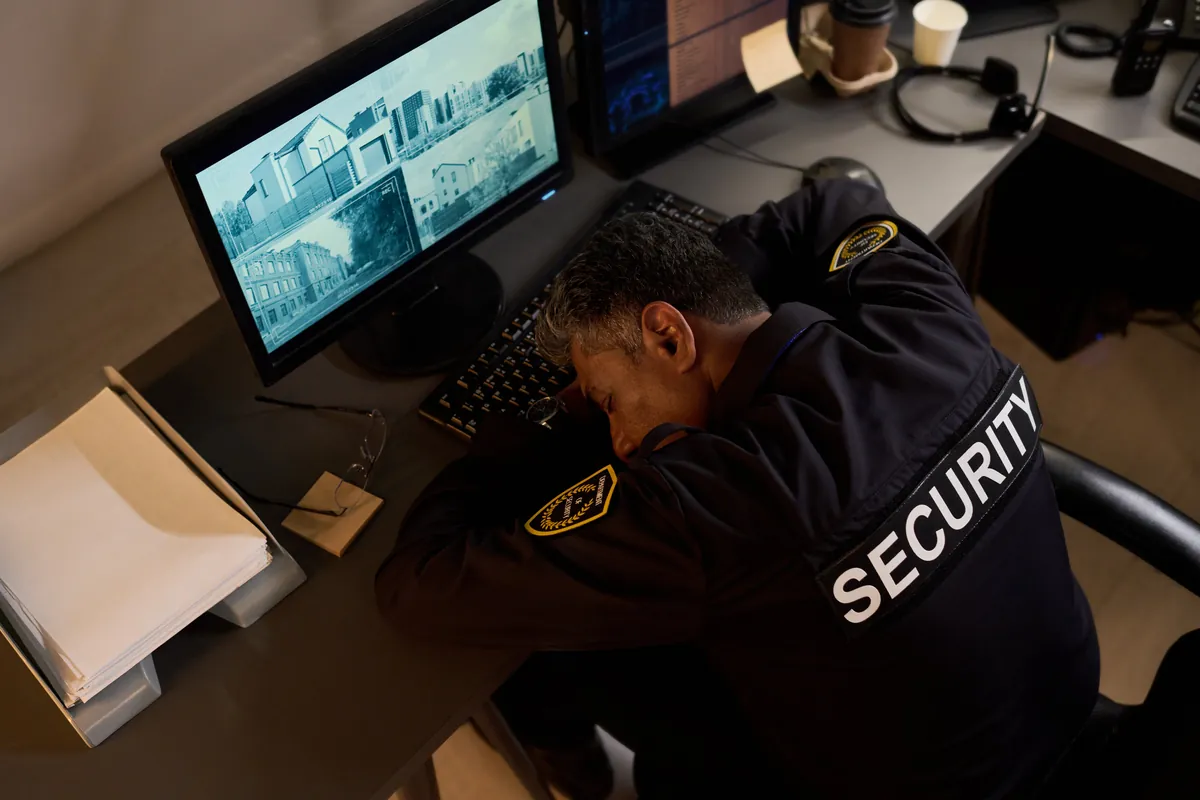 Security guard asleep at a surveillance desk, an example of negligent security in NYC