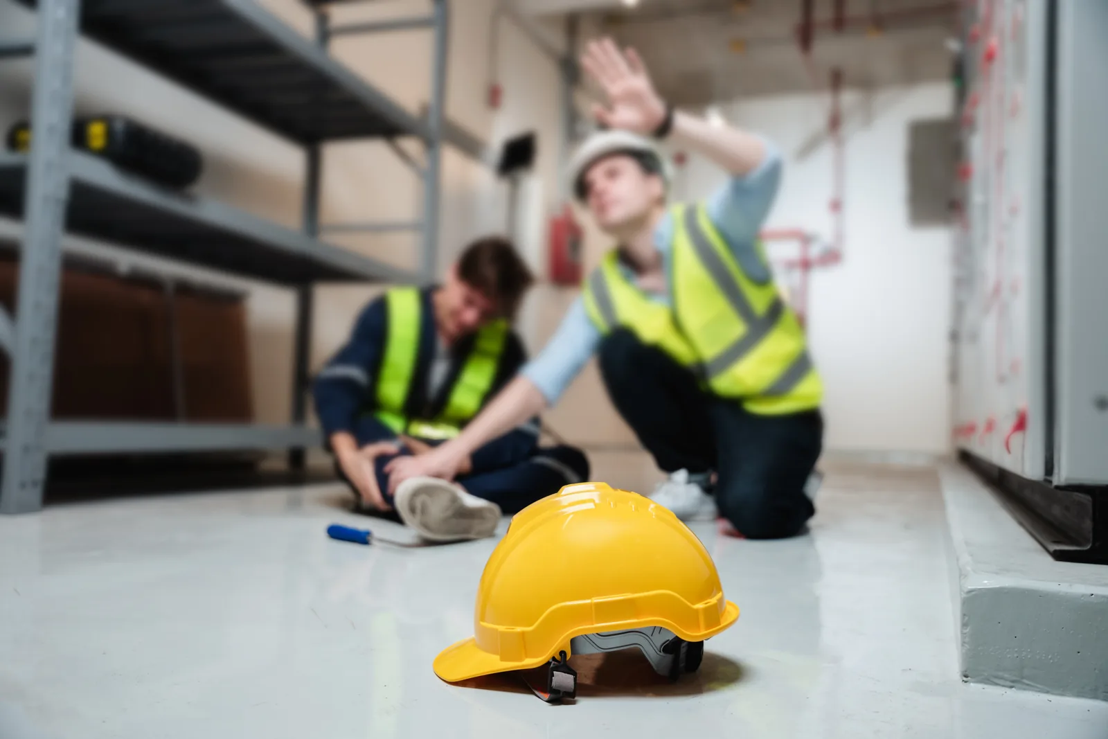Injured worker sitting on the floor with a dropped hard hat in the foreground, while a colleague reaches out to help — structural accidents can happen without warning