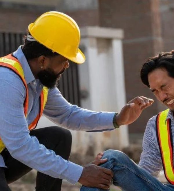Construction worker helping an injured coworker at a New York job site